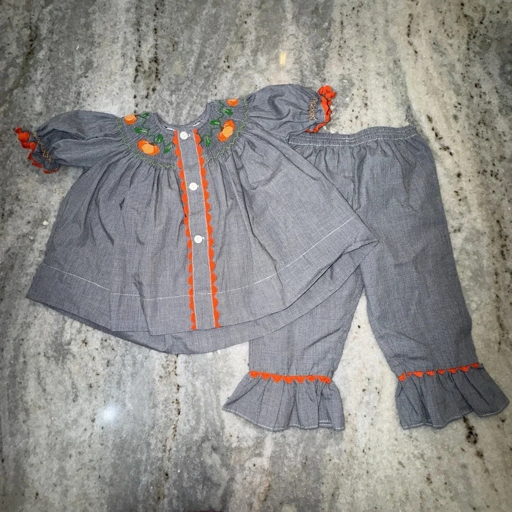 Remember Nguyen Smocked Pumpkin Gingham Set Top Flare Pants Girls 12 M Harvest